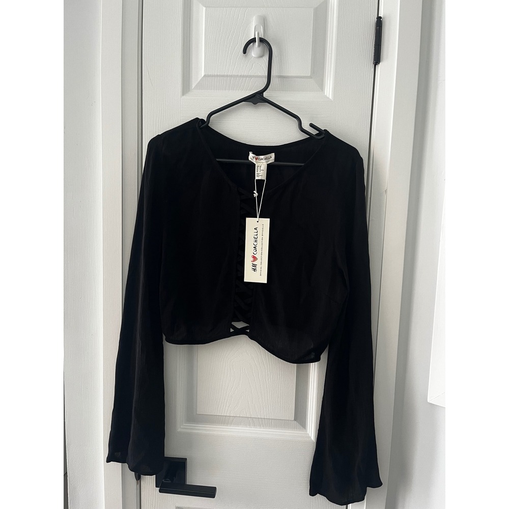 HM Loves Coachella Black‎ Lace Up Front Cropped Bell Sleeve Boho Top US 10 NWT